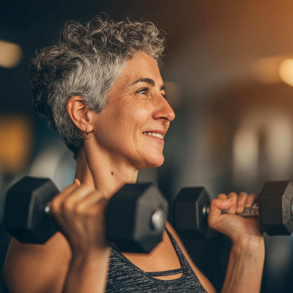 Жінка 55 років виконує силові вправи з гантелями у фітнес-залі, посміхається та демонструє впевненість