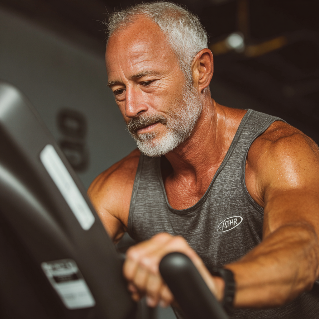 Чоловік 58 років тренується на кардіотренажері, концентрований та задоволений процесом тренування