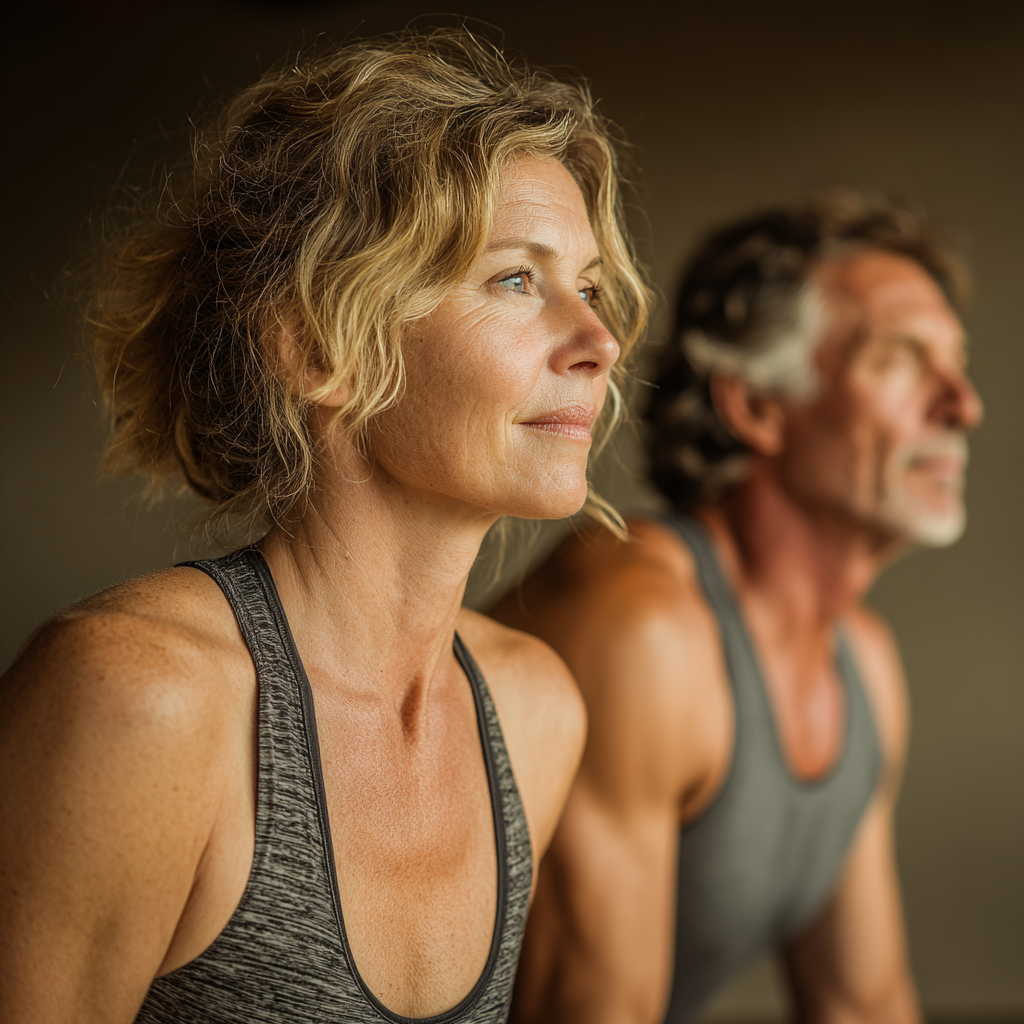 Пара віком 52 та 56 років разом займаються йогою на килимках, демонструють гнучкість та гармонію